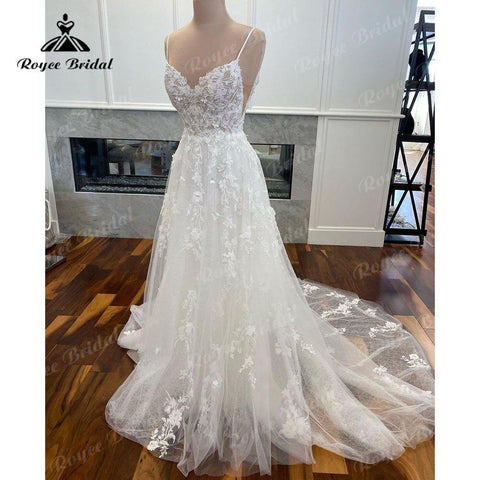 NumberSea Elegante Spitze Applqiues Flora Spaghetti-trägern Hochzeit Kleid für Frauen 2025 Brautkleider Nach Maß estido de noiva praiano Sexy 