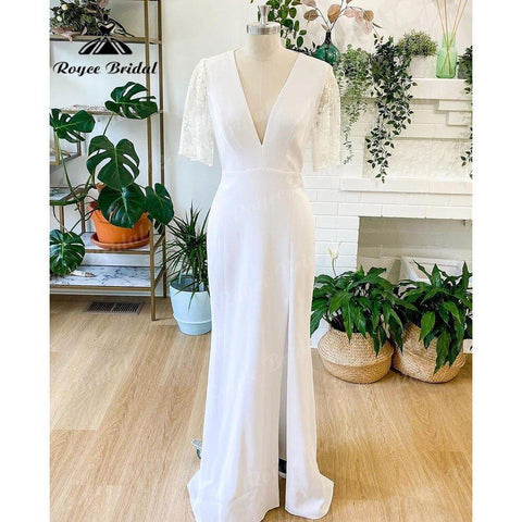 NumberSea Elegantes Spitzen-Hochzeitskleid mit seitlichen Schlitzen, weiches Satin, Meerjungfrau-Boho-Brautkleid für Frauen 2025, V-Ausschnitt, Hochzeitsempfangskleid, Braut, NumberSea 