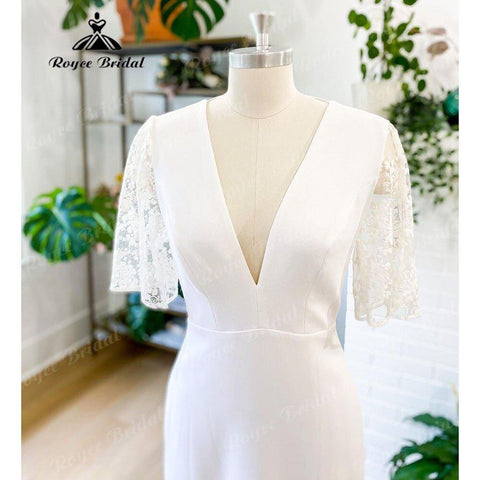 NumberSea Elegantes Spitzen-Hochzeitskleid mit seitlichen Schlitzen, weiches Satin, Meerjungfrau-Boho-Brautkleid für Frauen 2025, V-Ausschnitt, Hochzeitsempfangskleid, Braut, NumberSea 