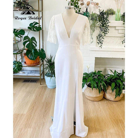 NumberSea Elegantes Spitzen-Hochzeitskleid mit seitlichen Schlitzen, weiches Satin, Meerjungfrau-Boho-Brautkleid für Frauen 2025, V-Ausschnitt, Hochzeitsempfangskleid, Braut, NumberSea 