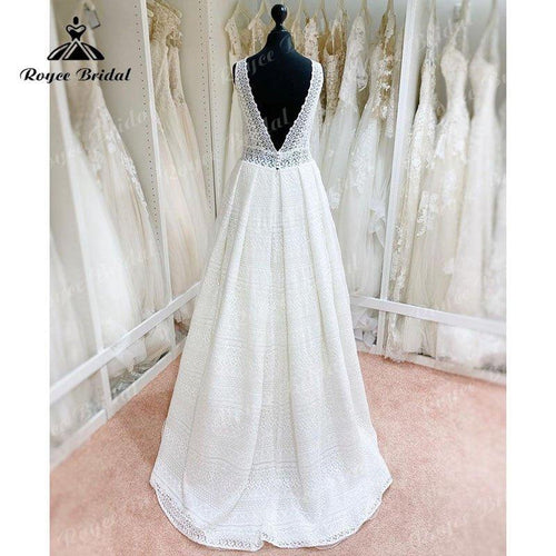 NumberSea Élégante robe de plage de mariage ligne A avec décolleté en V, dentelle, dos ouvert, sans manches, traîne balayée, robes de mariée, robe de soirée de mariage 2025