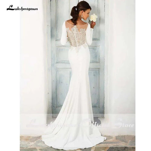 NumberSea Robe de mariée sirène élégante blanche à manches longues avec traîne balayée/balayée