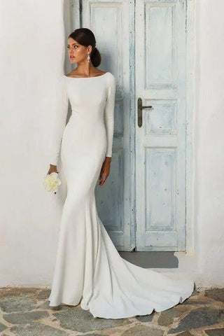 NumberSea Elegante Weiße Stain Meerjungfrau Brautkleider Lange Ärmel Brautkleid Vestido De Noiva Sweep/Pinsel Zug Brautkleid 