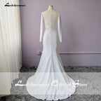 NumberSea Elegant White Stain Mermaid Wedding Dresses Long Sleeves Bridal Gown Vestido De Noiva Sweep/ Brush Train Wedding Gown