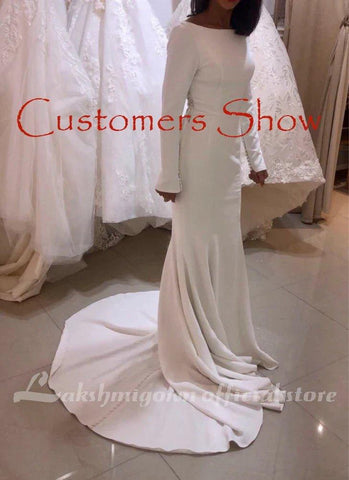 NumberSea Elegante Weiße Stain Meerjungfrau Brautkleider Lange Ärmel Brautkleid Vestido De Noiva Sweep/Pinsel Zug Brautkleid 