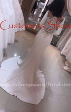 NumberSea Elegant White Stain Mermaid Wedding Dresses Long Sleeves Bridal Gown Vestido De Noiva Sweep/ Brush Train Wedding Gown