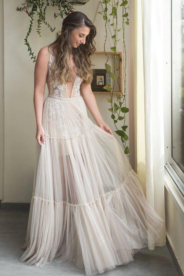 NumberSea Stickerei A-Linie Applikationen V-Ausschnitt Bohemain Tüll Brautkleid, MW441