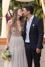 NumberSea Stickerei A-Linie Applikationen V-Ausschnitt Bohemain Tüll Brautkleid, MW441