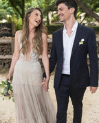 NumberSea Stickerei A-Linie Applikationen V-Ausschnitt Bohemain Tüll Brautkleid, MW441