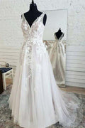NumberSea Fairy Tulle A-line V-neck Open Back Lace Sleeveless Long Wedding Dresses,MW471