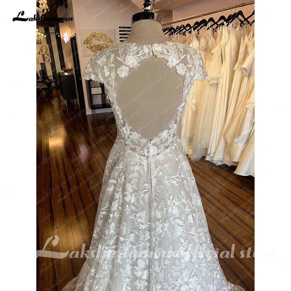 NumberSea Full Lace Boho Wedding Dress For Women Sexy V Neck Short Sleeves Bride Dress Lace Applique A-Line Sweep Train Custom