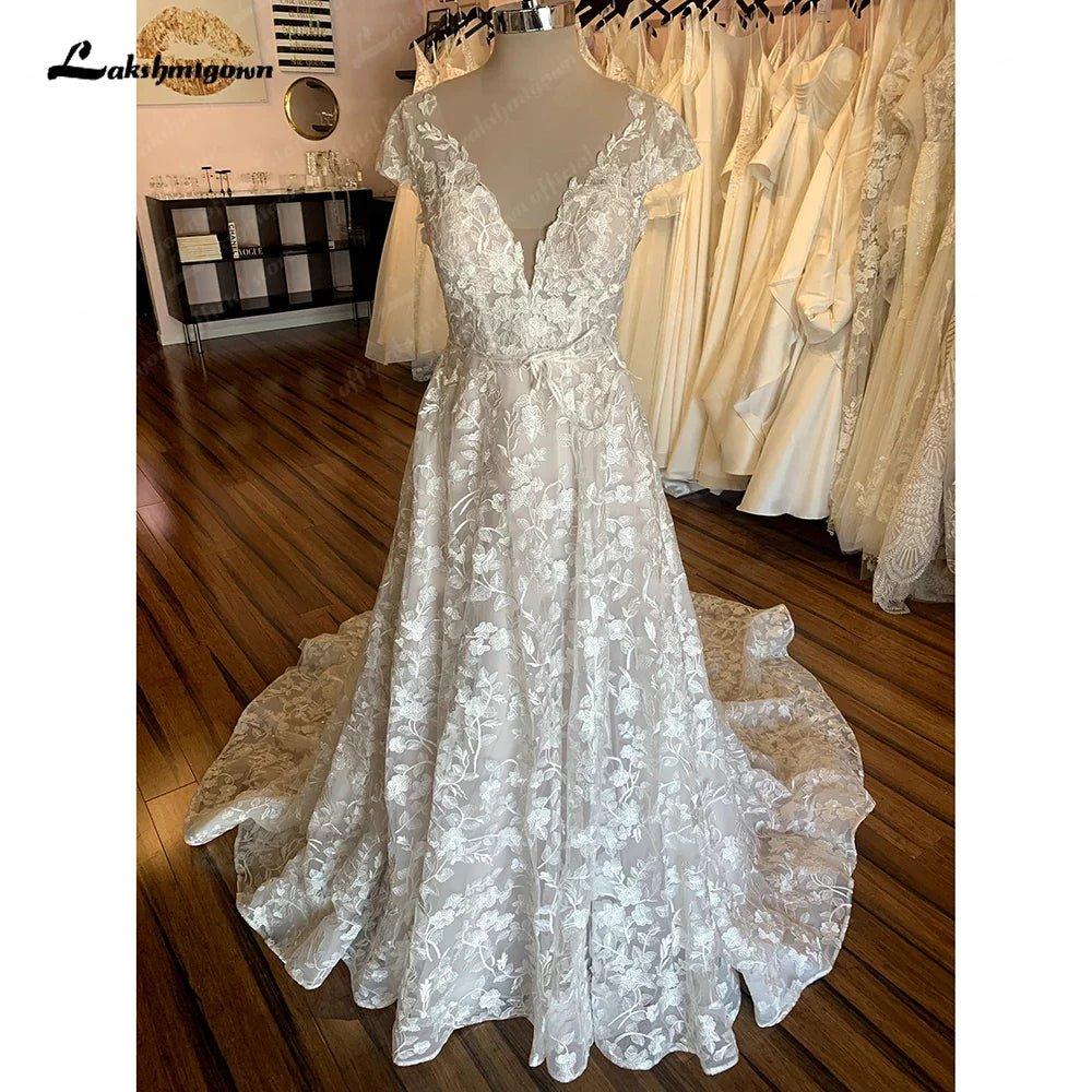 NumberSea Full Lace Boho Wedding Dress For Women Sexy V Neck Short Sleeves Bride Dress Lace Applique A-Line Sweep Train Custom