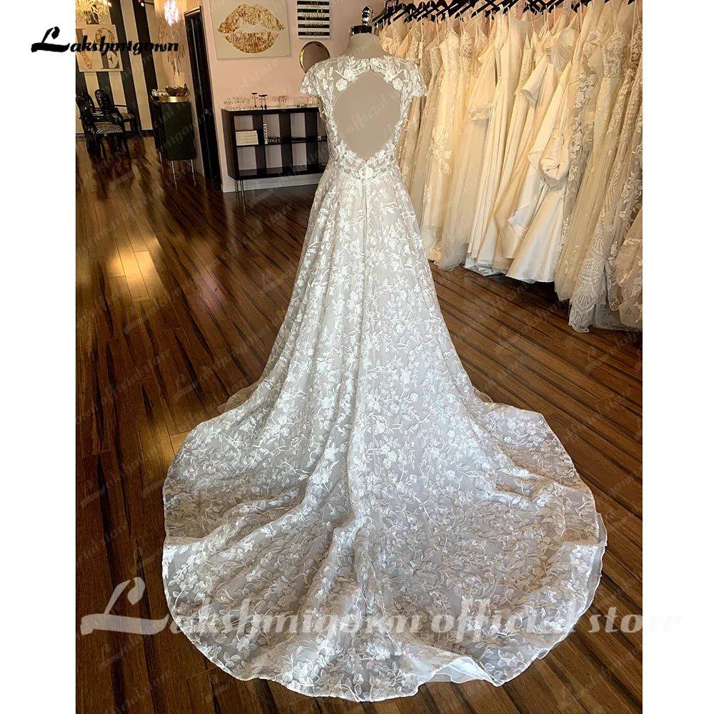 NumberSea Full Lace Boho Wedding Dress For Women Sexy V Neck Short Sleeves Bride Dress Lace Applique A-Line Sweep Train Custom