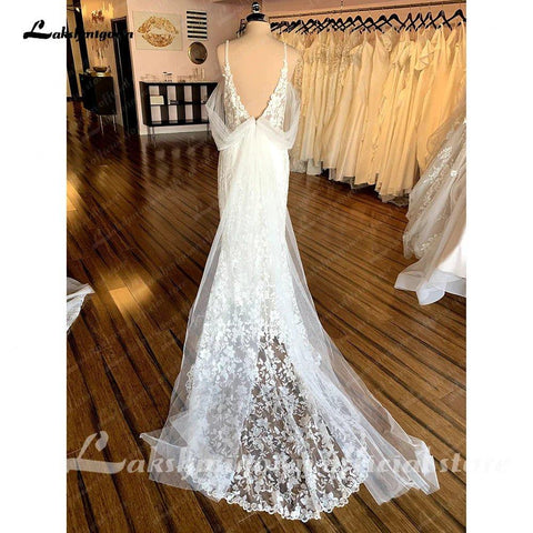 Vestido de noiva NumberSea com renda completa, estilo sereia/trompete, estilo boho, com aplicações em renda e decote em V 