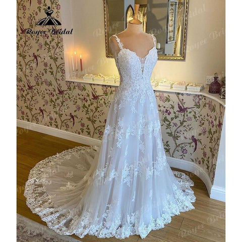 NumberSea Großzügige V-Ausschnitt Spitze Applikationen Spaghetti-Trägern Split Side Standesamtliche Hochzeit Kleid 2025 Vestido Novia Brautkleid Frauen NumberSea 