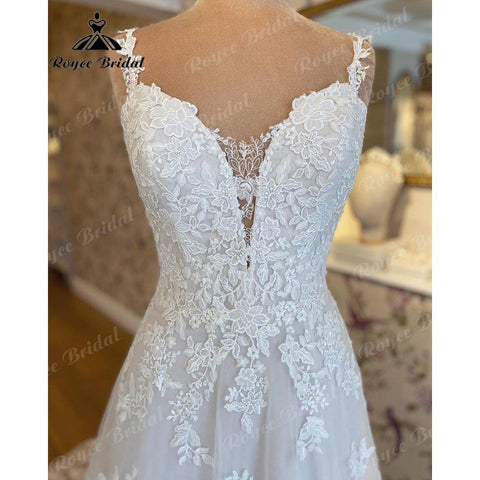 NumberSea Großzügige V-Ausschnitt Spitze Applikationen Spaghetti-Trägern Split Side Standesamtliche Hochzeit Kleid 2025 Vestido Novia Brautkleid Frauen NumberSea 
