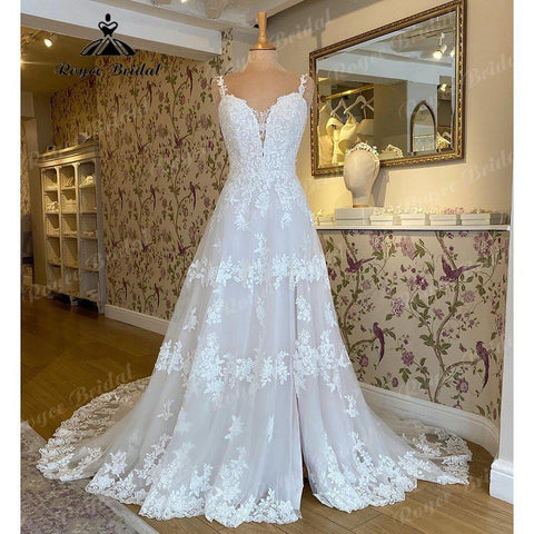 NumberSea Großzügige V-Ausschnitt Spitze Applikationen Spaghetti-Trägern Split Side Standesamtliche Hochzeit Kleid 2025 Vestido Novia Brautkleid Frauen NumberSea 
