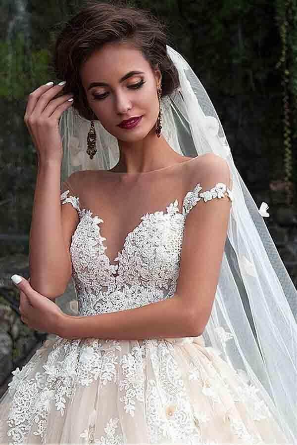 NumberSea Gorgeous Ball Gown Cap Sleeves Wedding Dresses With Lace Appliques, MW993