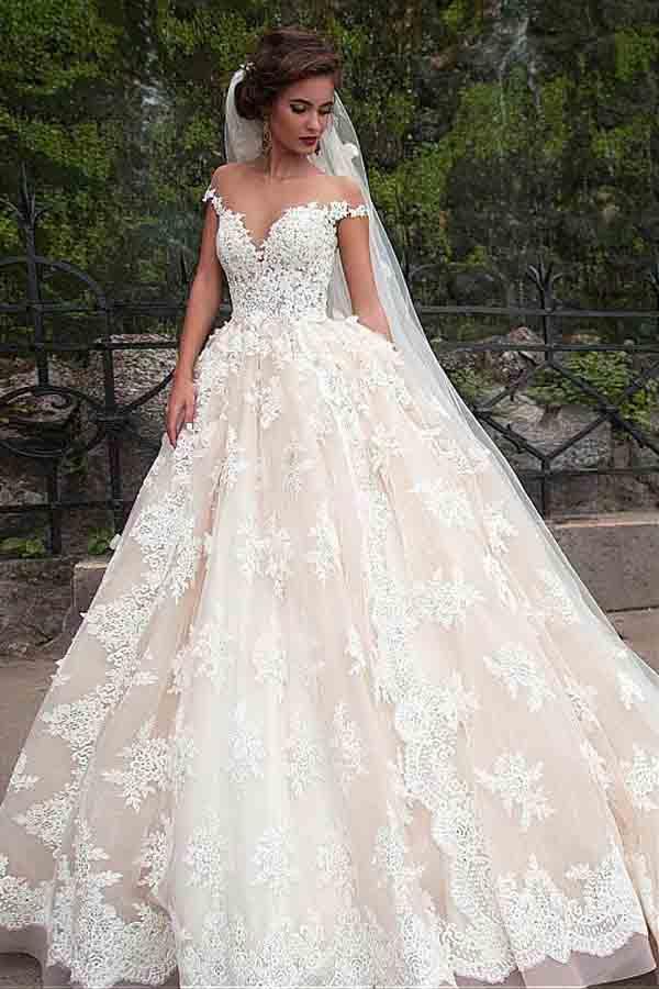 NumberSea Gorgeous Ball Gown Cap Sleeves Wedding Dresses With Lace Appliques, MW993