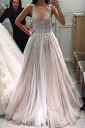 NumberSea Abito da Sposa lungo con Scollo a V, Schiena Scoperta e Perline, Gonna Sfarzosa, MW465