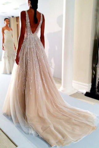 NumberSea Wunderschönes Ballkleid mit V-Ausschnitt, offenem Rücken und Perlen, langes Brautkleid, MW465