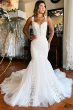 NumberSea Gorgeous Ivory Tulle Mermaid V-neck Lace Appliqued Wedding Dresses, MW1002