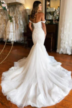 NumberSea Gorgeous Ivory Tulle Mermaid V-neck Lace Appliqued Wedding Dresses, MW1002