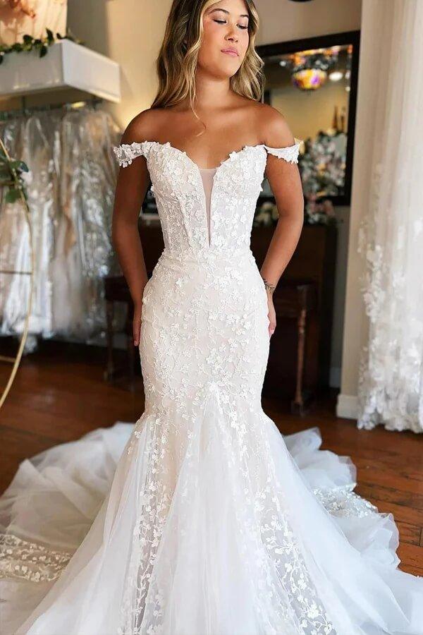 NumberSea Gorgeous Ivory Tulle Mermaid V-neck Lace Appliqued Wedding Dresses, MW1002