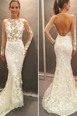 Vestido de noiva NumberSea lindo, sereia, em renda, manga comprida, aberto nas costas, MW182 