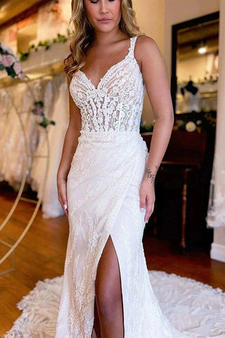 NumberSea Wunderschönes Meerjungfrau-Brautkleid mit rückenfreiem V-Ausschnitt und Spitzenapplikationen, MW1018