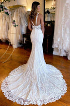 NumberSea Gorgeous Mermaid Backless V-neck Lace Appliques Wedding Dresses, MW1018