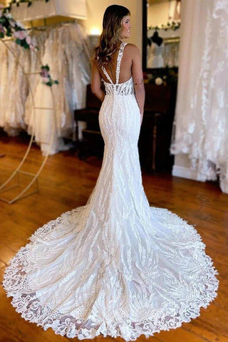 NumberSea Wunderschönes Meerjungfrau-Brautkleid mit rückenfreiem V-Ausschnitt und Spitzenapplikationen, MW1018