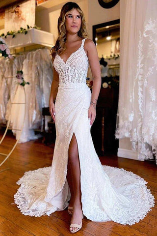 NumberSea Wunderschönes Meerjungfrau-Brautkleid mit rückenfreiem V-Ausschnitt und Spitzenapplikationen, MW1018