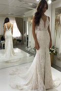 NumberSea Lindos vestidos de noiva longos de renda com decote em V e sereia, vestidos de noiva com racha brilhante e cauda, ​​MW476