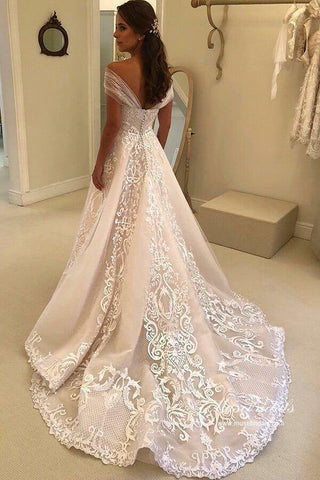 NumberSea Wunderschönes A-Linien-Brautkleid aus Tüll mit schulterfreien Spitzenapplikationen, MW980