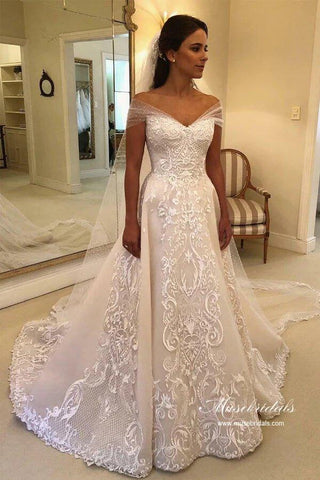 NumberSea Wunderschönes A-Linien-Brautkleid aus Tüll mit schulterfreien Spitzenapplikationen, MW980