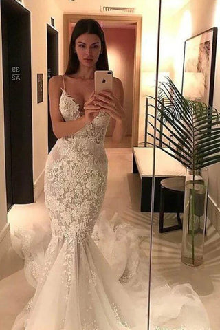 NumberSea Wunderschönes Tüll-Meerjungfrauen-Brautkleid mit V-Ausschnitt und Spitzenapplikationen, MW1012