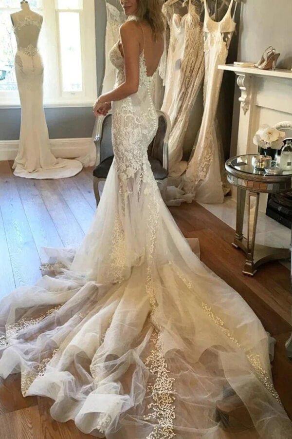 NumberSea Gorgeous Tulle Mermaid V-neck Wedding Dresses With Lace Appliques, MW1012