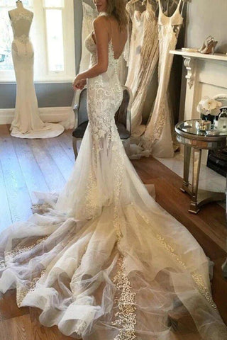 NumberSea Wunderschönes Tüll-Meerjungfrauen-Brautkleid mit V-Ausschnitt und Spitzenapplikationen, MW1012