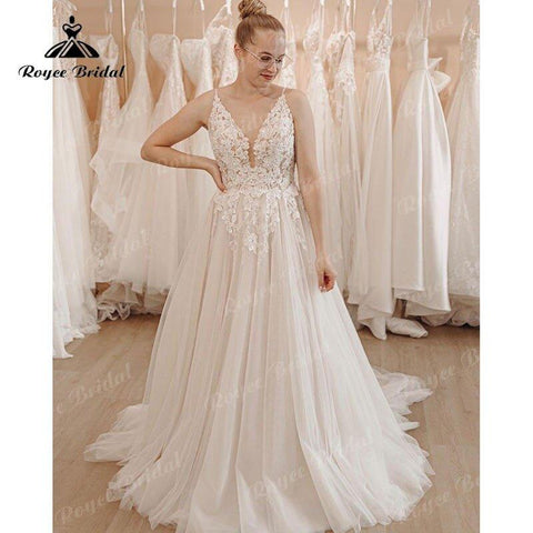 NumberSea Wunderschönes V-Ausschnitt-Spitzenapplikationen A-Linie Spaghettiträger Brautkleid Boho 2025 Robe Sweep Train Beach Brautkleid nach Maß 