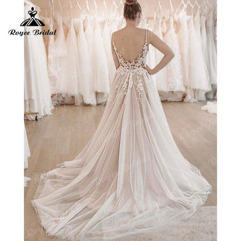 NumberSea Wunderschönes V-Ausschnitt-Spitzenapplikationen A-Linie Spaghettiträger Brautkleid Boho 2025 Robe Sweep Train Beach Brautkleid nach Maß 