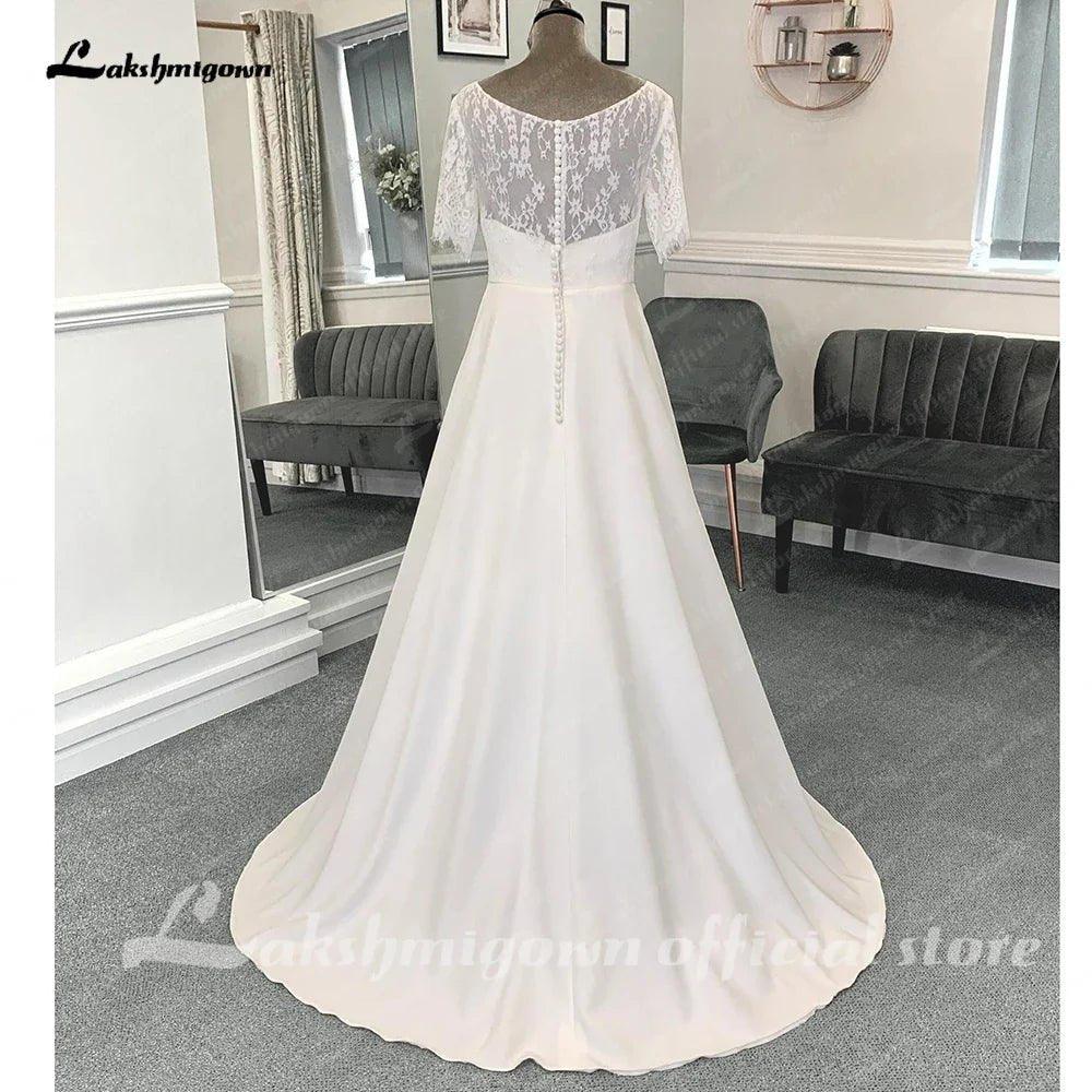 NumberSea Half Sleeves Lace Formal Wedding Dresses Floor Length A-Line Satin With Pleats 2025 Bridal Gowns