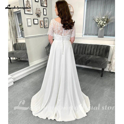 NumberSea Vestidos de noiva formais de renda com mangas curtas, comprimento até ao chão, corte A, cetim com pregas, 2025 