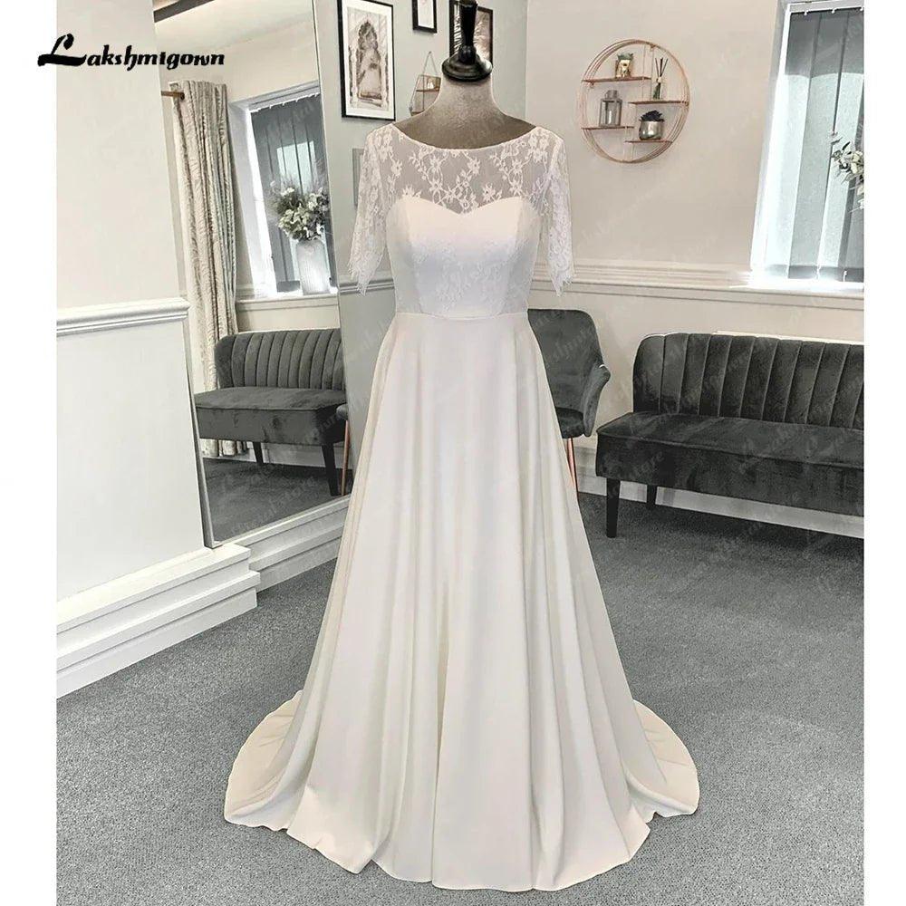 NumberSea Half Sleeves Lace Formal Wedding Dresses Floor Length A-Line Satin With Pleats 2025 Bridal Gowns