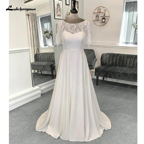 NumberSea Vestidos de noiva formais de renda com mangas curtas, comprimento até ao chão, corte A, cetim com pregas, 2025 