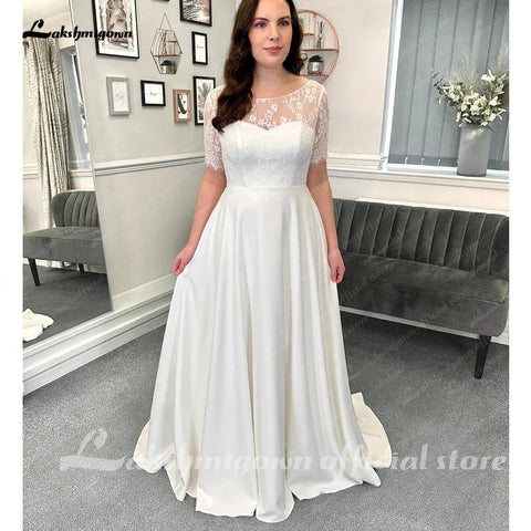 NumberSea Vestidos de noiva formais de renda com mangas curtas, comprimento até ao chão, corte A, cetim com pregas, 2025 