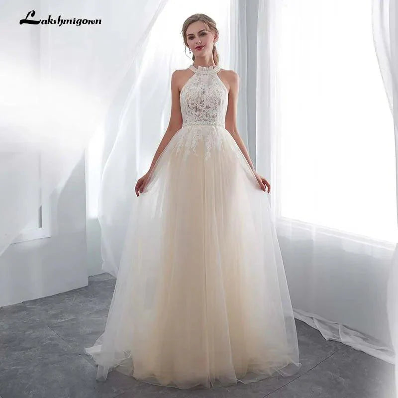 NumberSea Hater Neck Beach Bridal Dress Vestido De Noiva Light Perals Sleeveless Simple Tulle Wedding Dress