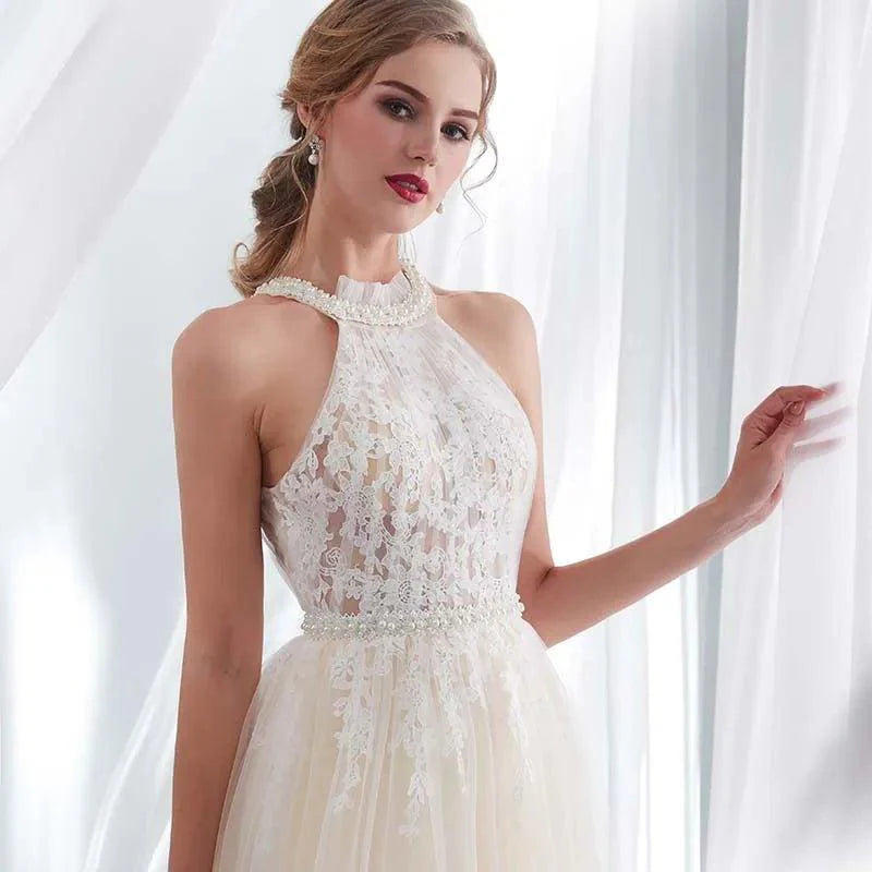 NumberSea Hater Neck Beach Bridal Dress Vestido De Noiva Light Perals Sleeveless Simple Tulle Wedding Dress