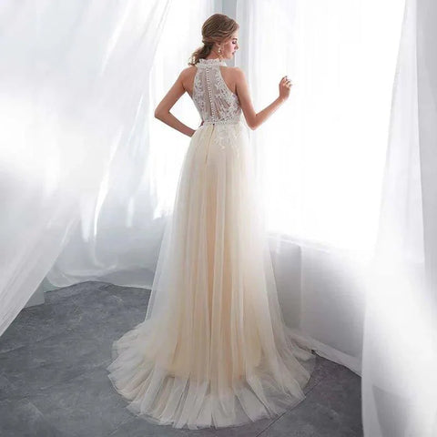 NumberSea Hater Neck Strand Brautkleid Vestido De Noiva Light Perals Ärmelloses einfaches Tüll Brautkleid 