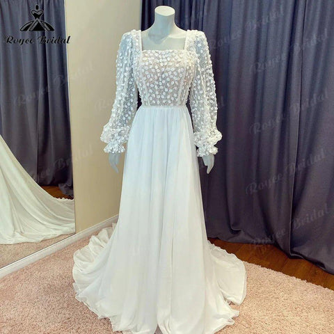 NumberSea Hochzeit Spitze Mieder Chiffon Boho Puff Langarm Hochzeit Kleid für Frauen 2024 Land Strand Brautkleid Boheme Vestido Novia 